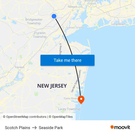 Scotch Plains to Seaside Park map