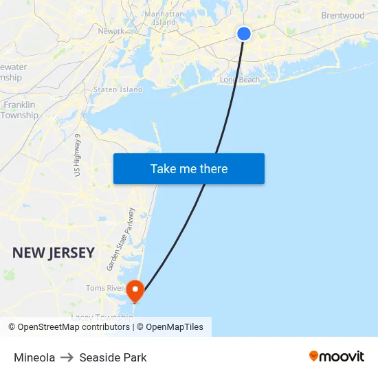Mineola to Seaside Park map