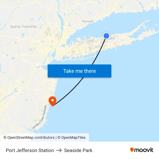 Port Jefferson Station to Seaside Park map