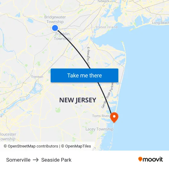 Somerville to Seaside Park map