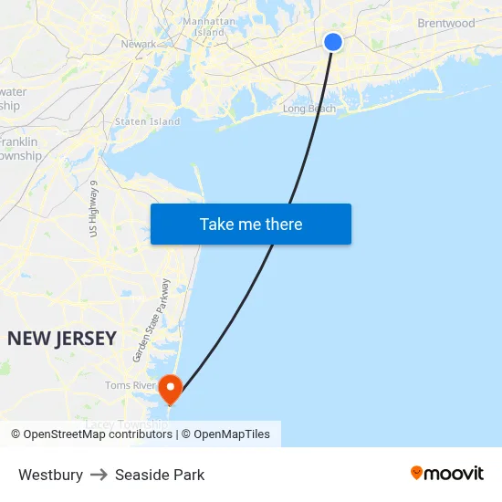 Westbury to Seaside Park map