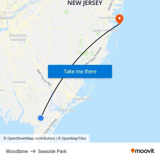 Woodbine to Seaside Park map