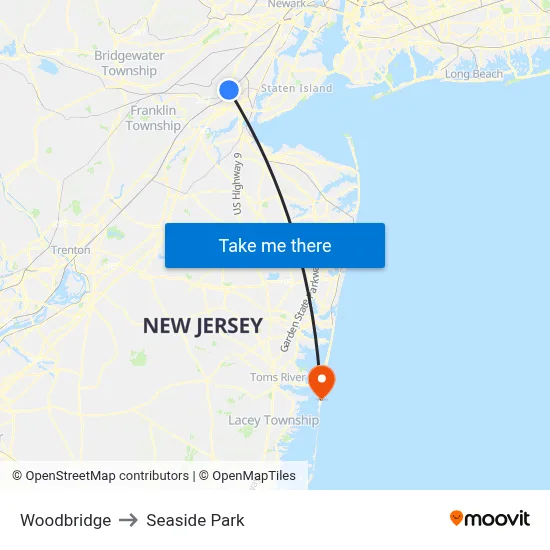 Woodbridge to Seaside Park map