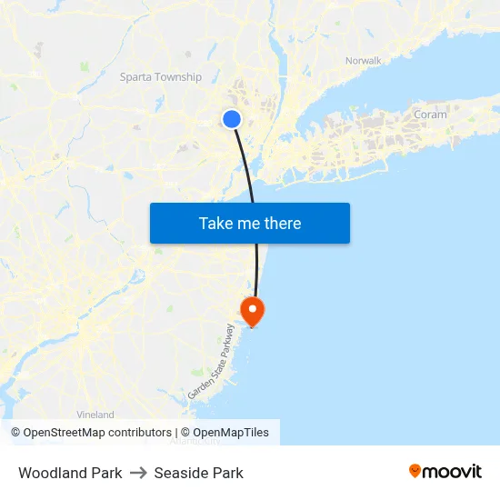 Woodland Park to Seaside Park map