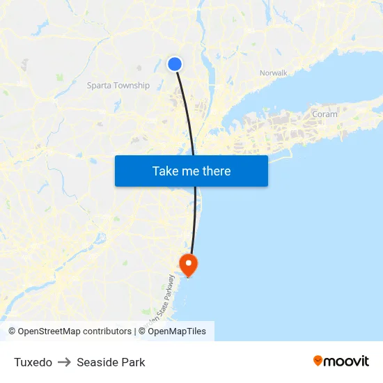 Tuxedo to Seaside Park map