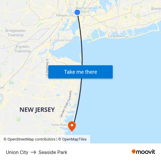 Union City to Seaside Park map