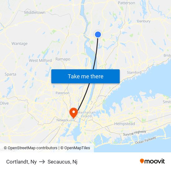 Cortlandt, Ny to Secaucus, Nj map