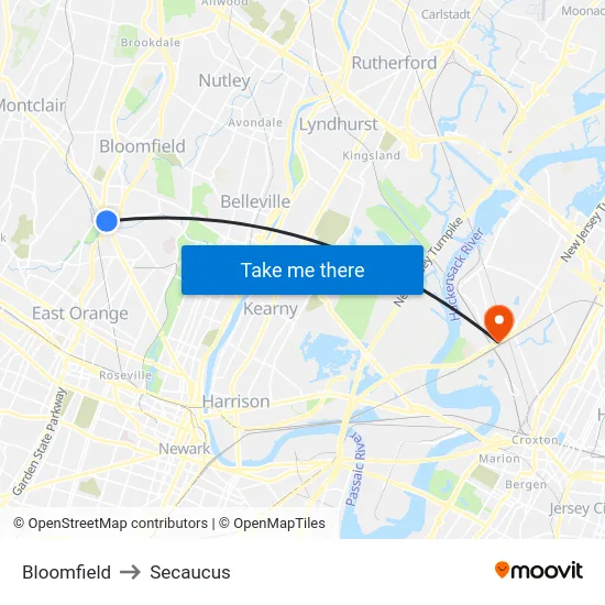 Bloomfield to Secaucus map