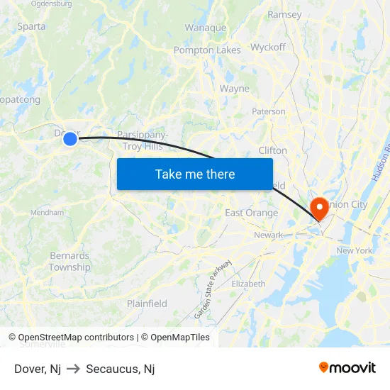 Dover to Secaucus, Nj map