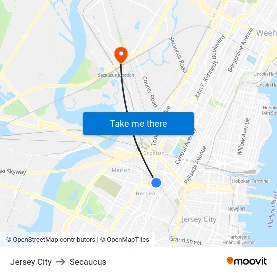Jersey City to Secaucus map