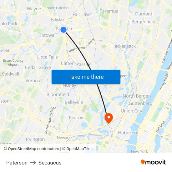 Paterson to Secaucus map