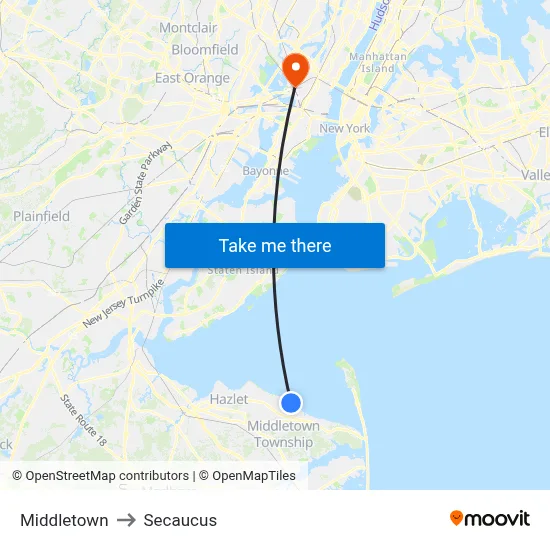 Middletown to Secaucus map