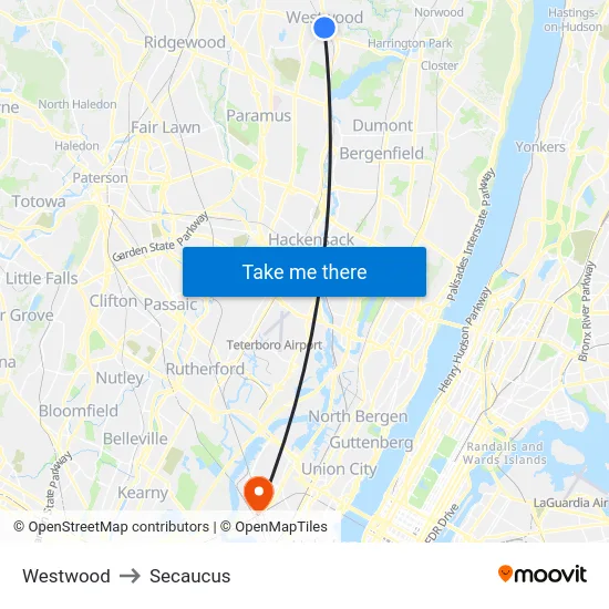 Westwood to Secaucus map