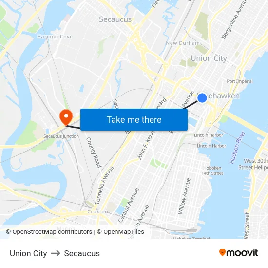Union City to Secaucus map