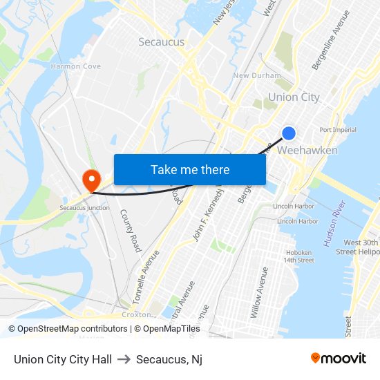 Union City City Hall to Secaucus, Nj map