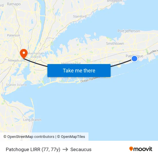 Patchogue LIRR (77, 77y) to Secaucus map