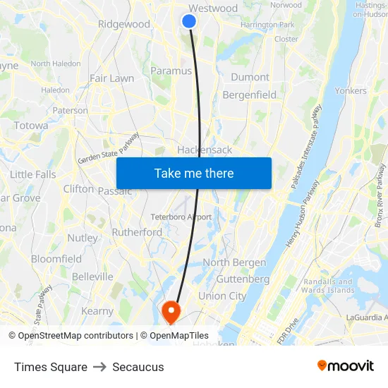 Times Square to Secaucus map