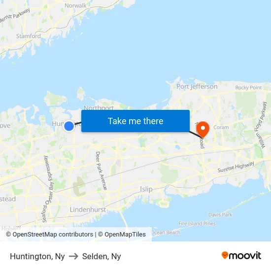 Huntington to Selden, Ny map