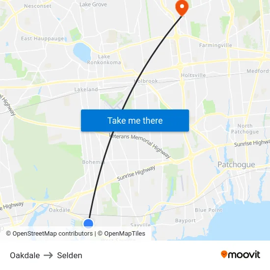 Oakdale to Selden map