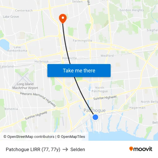 Patchogue LIRR (77, 77y) to Selden map