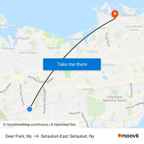 Deer Park, Ny to Setauket-East Setauket, Ny map