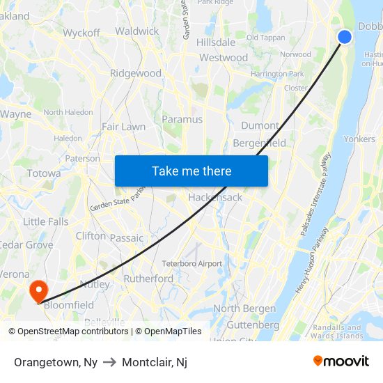 Orangetown, Ny to Montclair, Nj map