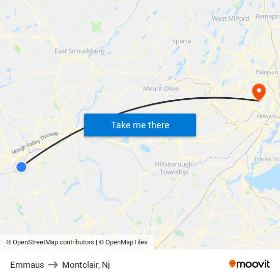 Emmaus to Montclair, Nj map