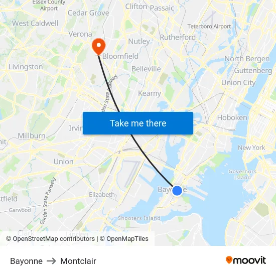 Bayonne to Montclair map