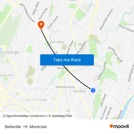 Belleville to Montclair map