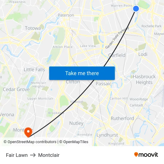 Fair Lawn to Montclair map