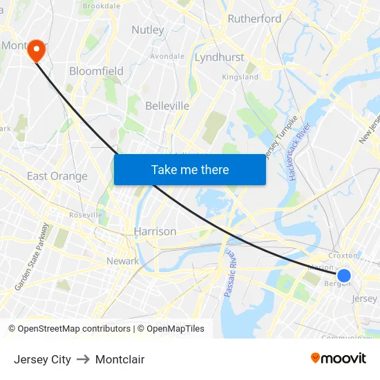 Jersey City to Montclair map