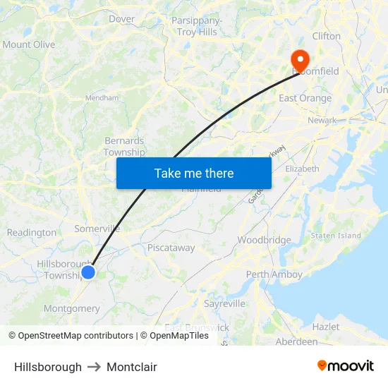 Hillsborough to Montclair map