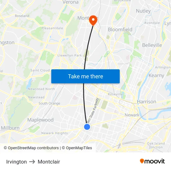 Irvington to Montclair map