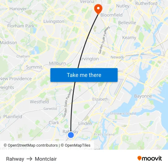 Rahway to Montclair map