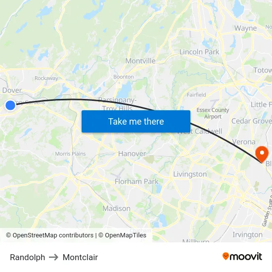 Randolph to Montclair map