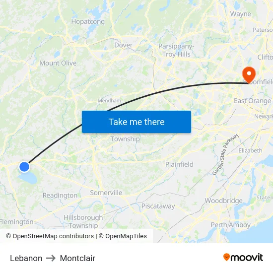 Lebanon to Montclair map