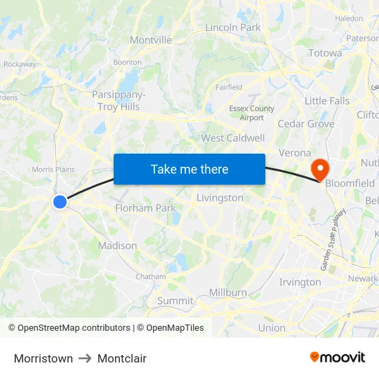 Morristown to Montclair map
