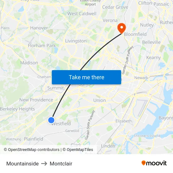 Mountainside to Montclair map