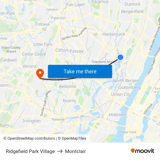 Ridgefield Park Village to Montclair map