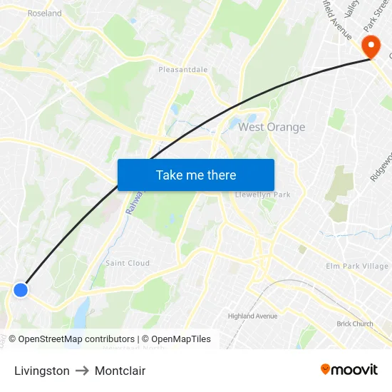 Livingston to Montclair map