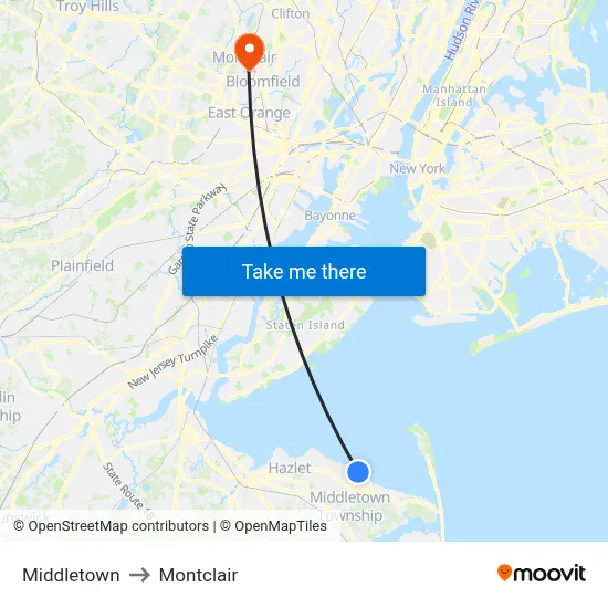 Middletown to Montclair map