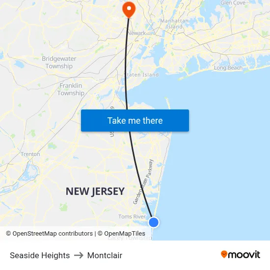 Seaside Heights to Montclair map