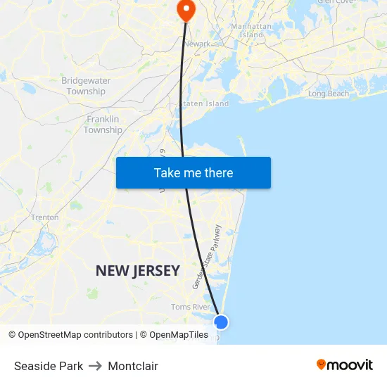 Seaside Park to Montclair map