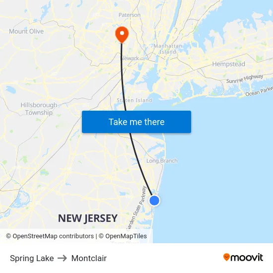 Spring Lake to Montclair map