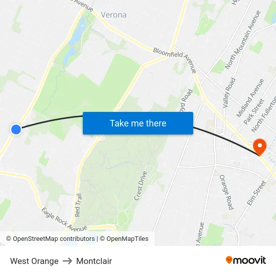 West Orange to Montclair map