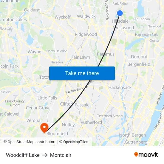 Woodcliff Lake to Montclair map