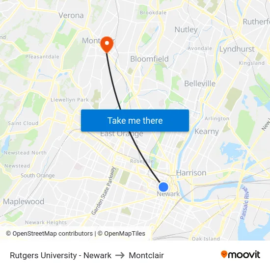 Rutgers University - Newark to Montclair map