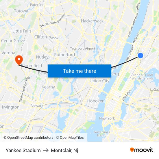 Yankee Stadium to Montclair, Nj map