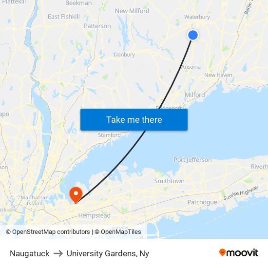 Naugatuck to University Gardens, Ny map