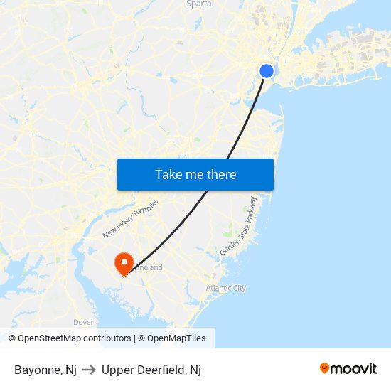 Bayonne, Nj to Upper Deerfield, Nj map